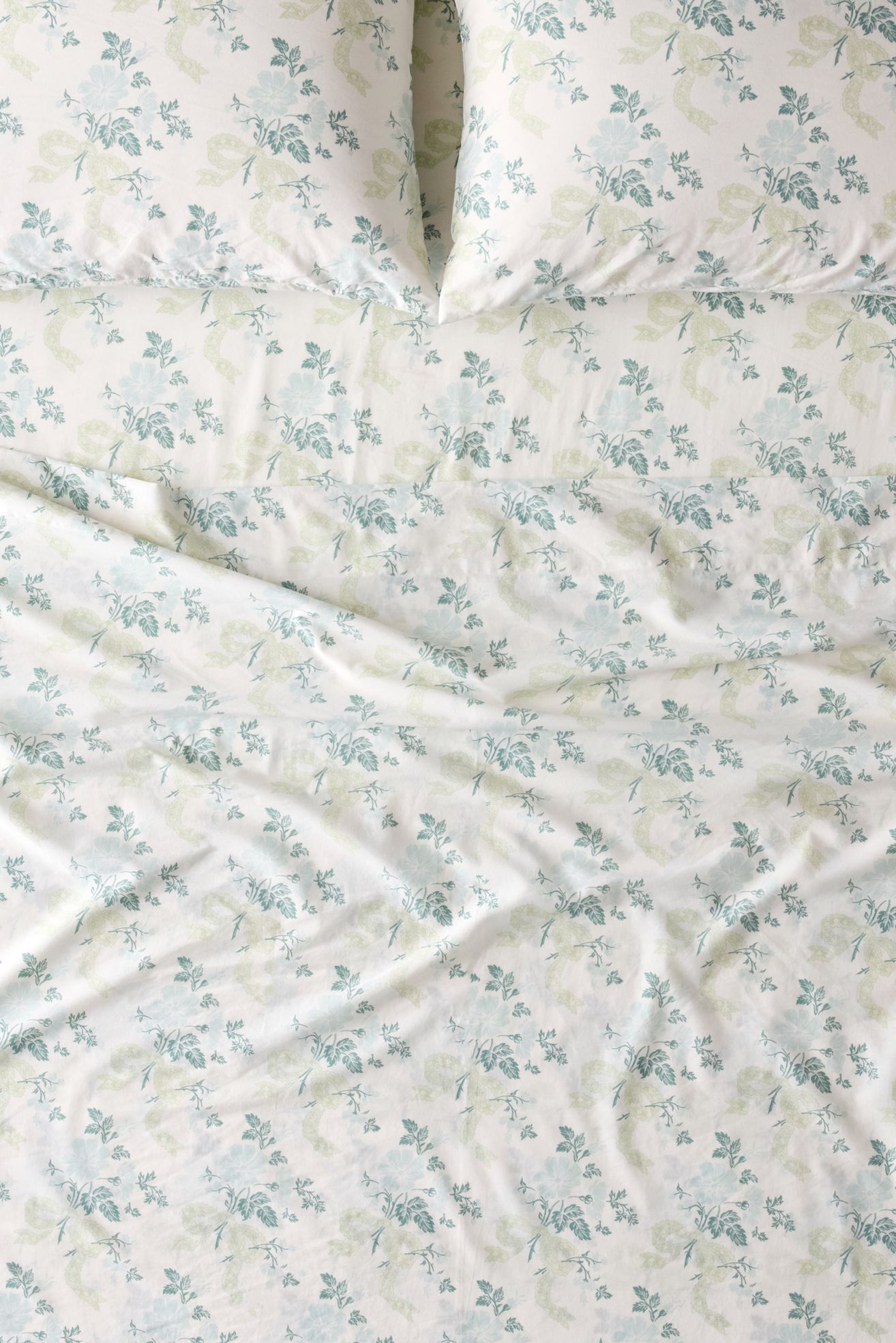 Juliette Floral Bow Toile Patterned Sheet Set - Mint Tea, Regular, QUEEN