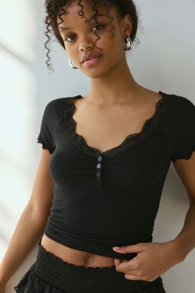 Out From Under Diana Layering Lace-trim Henley Tee In Black, Women's At Urban Outfitters In Black