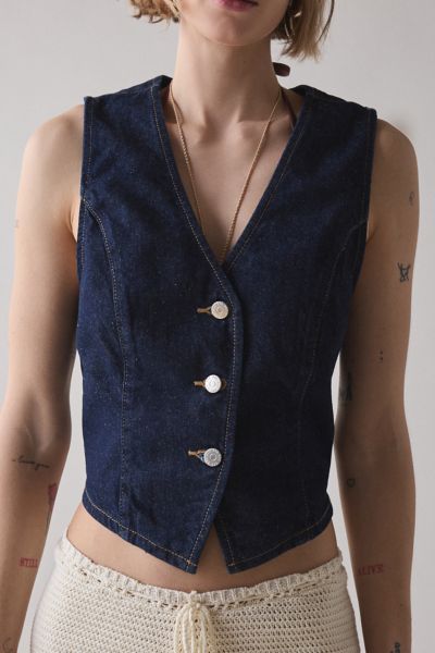 BDG MICHELLE V-NECK DENIM VEST TOP JACKET IN INDIGO, WOMEN'S AT URBAN OUTFITTERS 