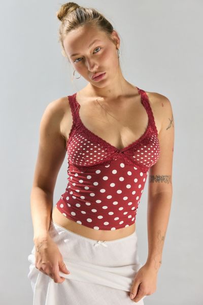 Out From Under Soft Touch Lace Trim Cropped Cami In Polka Dot, Women's At Urban Outfitters In Pink