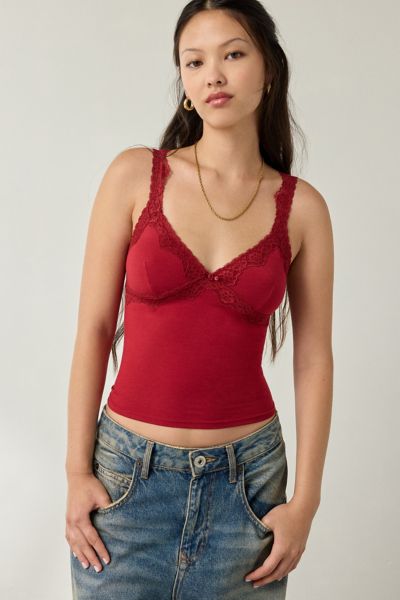 Out From Under Lace Trim Soft Touch Cropped Cami In Red, Women's At Urban Outfitters In Red