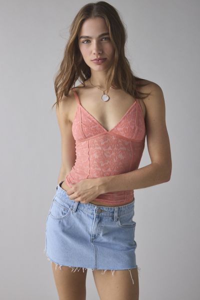 OUT FROM UNDER JE T'AIME SEMI-SHEER FLOCKED MESH CROPPED CAMI IN CORAL, WOMEN'S AT URBAN OUTFITTERS 
