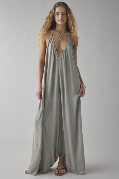 OUT FROM UNDER SEAS THE DAY BACKLESS HALTER GAUZE JUMPSUIT IN DESERT SAGE, WOMEN'S AT URBAN OUTFITTERS 