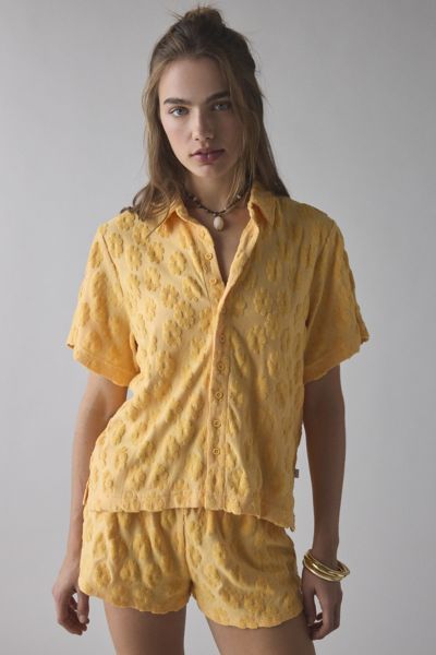 OUT FROM UNDER PICKIN' DAISIES TERRY KNIT SHORT SLEEVE BUTTON-DOWN SHIRT IN FLAX, WOMEN'S AT URBAN OUTFITTERS 