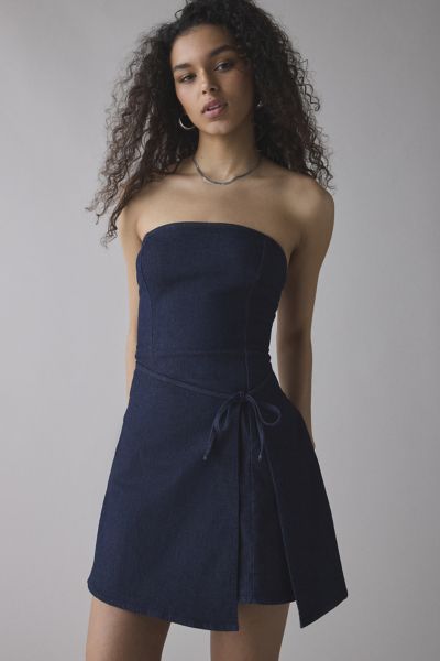 Urban Outfitters Bdg Paige Strapless Wrap Mini Dress In Rinsed Denim, Women's At  In Blue