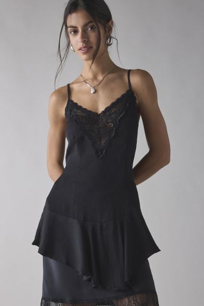 Out From Under Mei Tiered Lace Trim Satin Slip In Black, Women's At Urban Outfitters