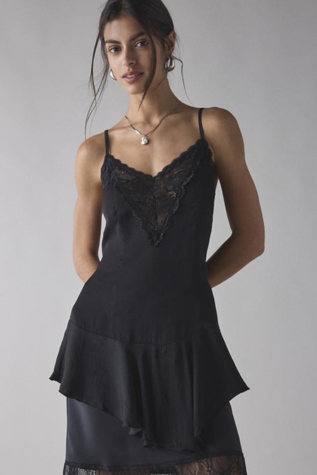 Out From Under Mei Tiered Lace Trim Satin Slip