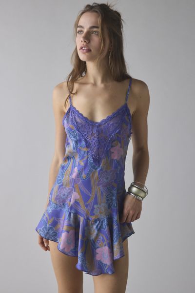 Out From Under Mei Tiered Lace Trim Satin Slip In Purple, Women's At Urban Outfitters