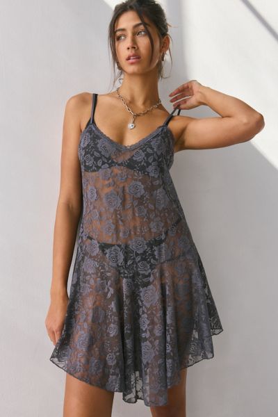 Out From Under Rika Sheer Floral Lace Slip In Charcoal, Women's At Urban Outfitters