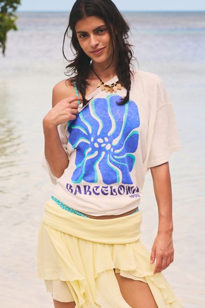 BDG COURTNEY BARCELONA GRAPHIC OFF-THE-SHOULDER SLOUCHY TEE IN IVORY, WOMEN'S AT URBAN OUTFITTERS 
