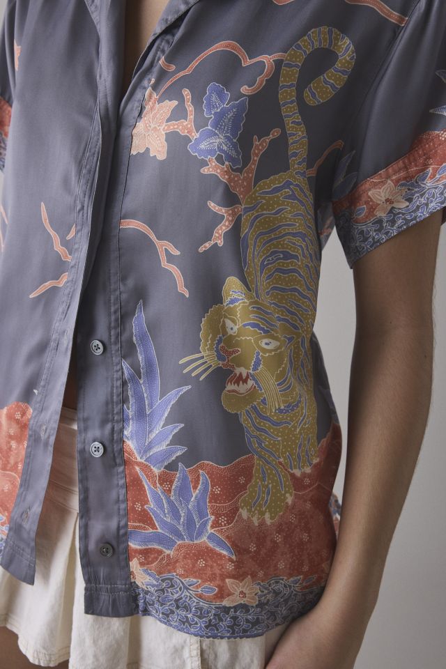 BDG Asher Satin Printed Souvenir Short Sleeve Button-Down Shirt #1