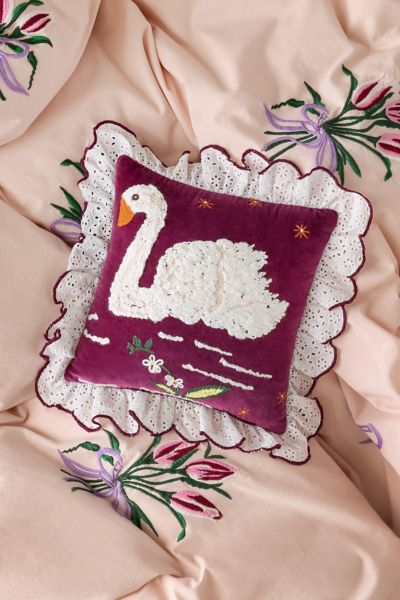 Swan Embroidered Ruffle Velvet Throw Pillow Product Page