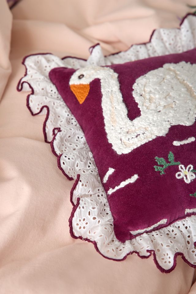 Swan Embroidered Ruffle Velvet Throw Pillow #1
