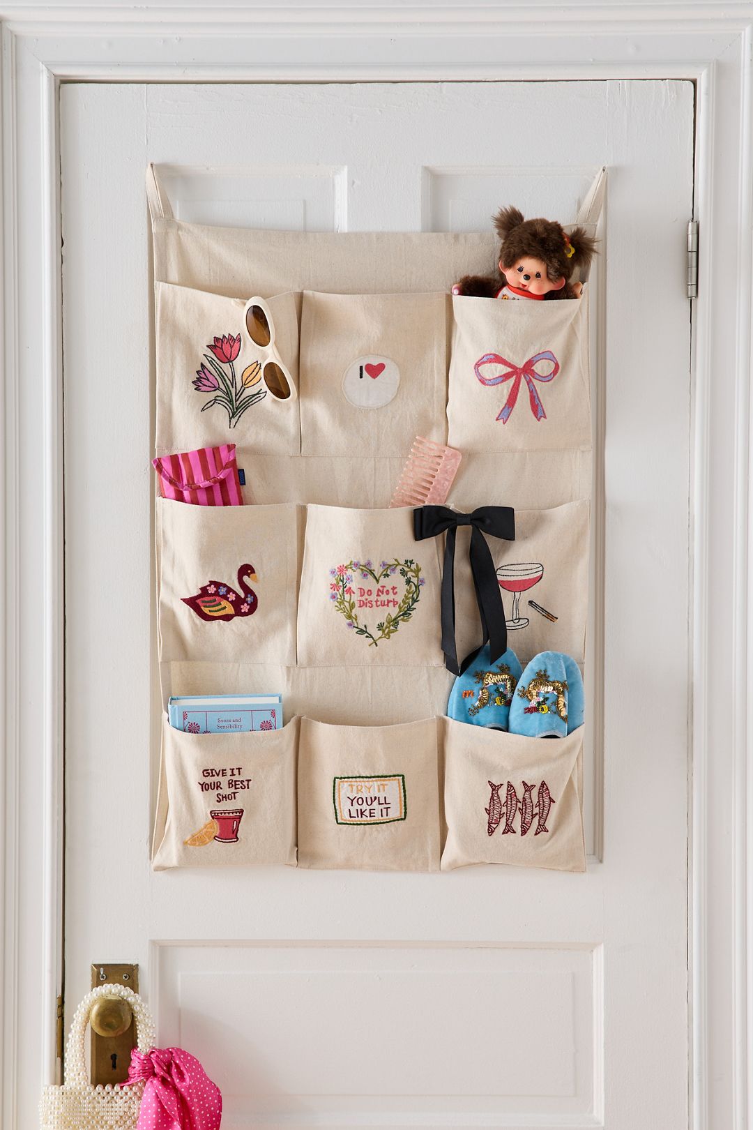 Embroidered Graphic 9-Pocket Storage Wall Hanging - Natural, ONE SIZE