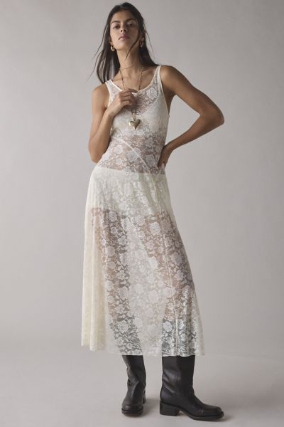 OUT FROM UNDER LILY OF THE VALLEY SHEER LACE MIDI SLIP IN CREAM, WOMEN'S AT URBAN OUTFITTERS 