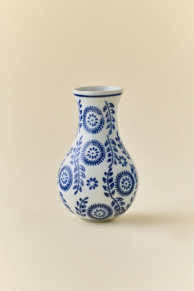 Blue Floral Stamped Ceramic Bud Vase #1