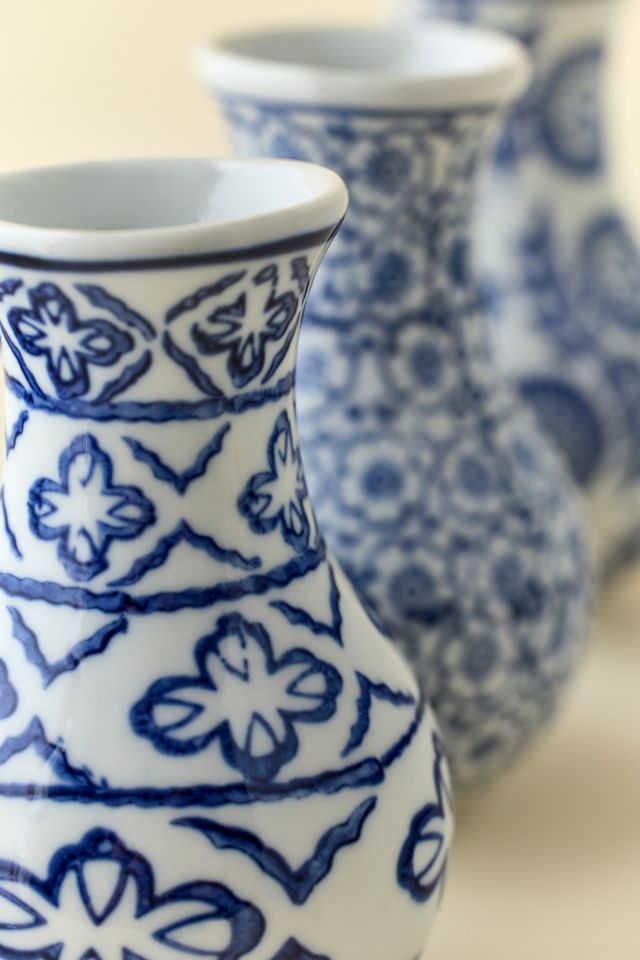 Blue Floral Stamped Ceramic Bud Vase #3