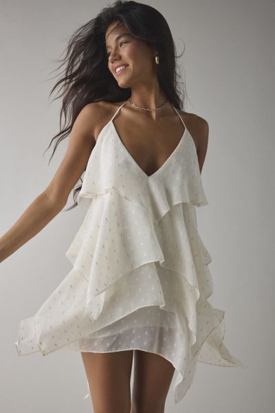 AFRM Decima Clip Dot Chiffon Tiered Ruffle Halter Mini Dress