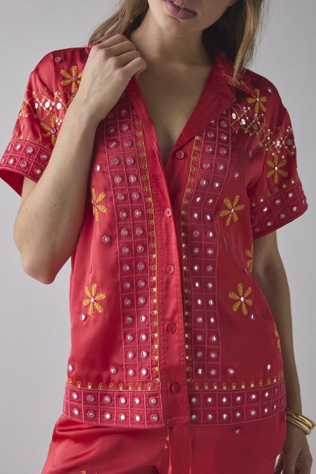 BDG Nash Satin Mirror Sequin Souvenir Short Sleeve Button-Down Shirt #1