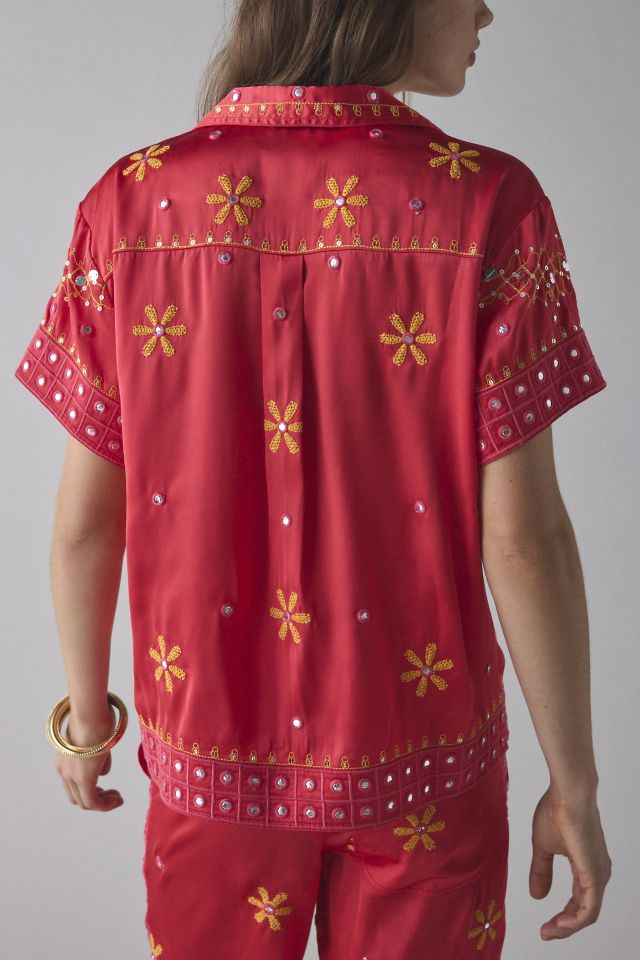 BDG Nash Satin Mirror Sequin Souvenir Short Sleeve Button-Down Shirt #2