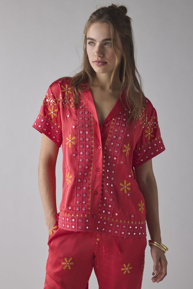 BDG Nash Satin Mirror Sequin Souvenir Short Sleeve Button-Down Shirt #3