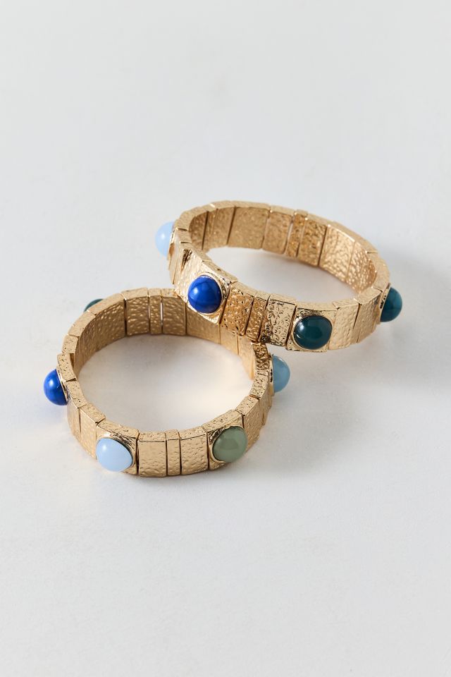 Stone Inset Chunky Tile Beaded Stretch Bracelet Set #1