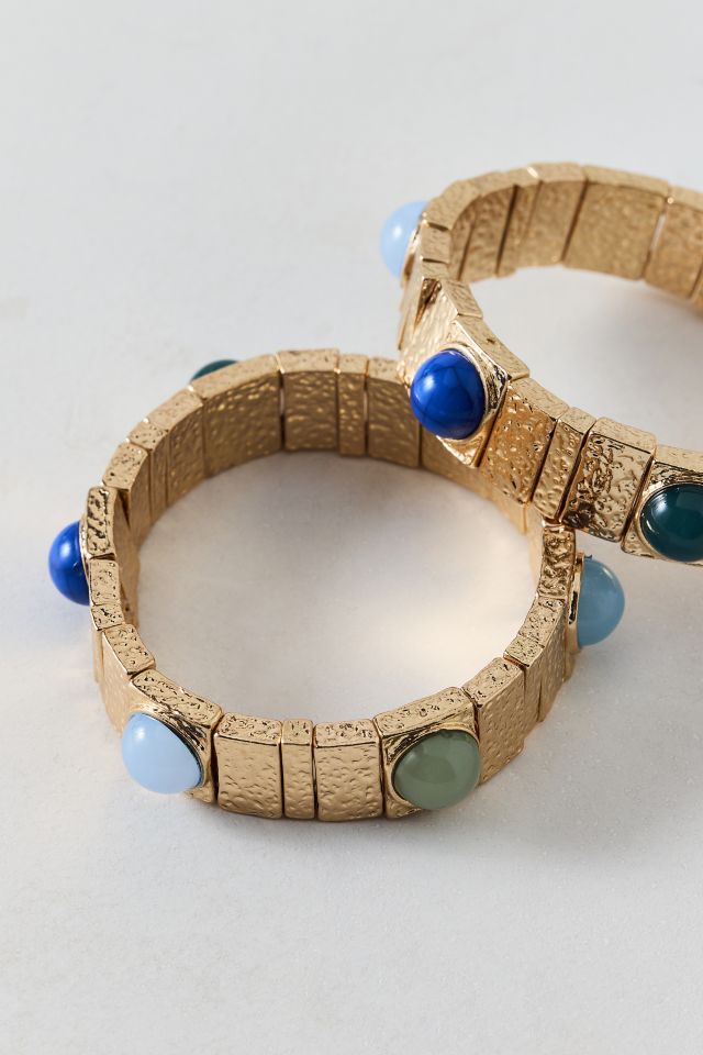 Stone Inset Chunky Tile Beaded Stretch Bracelet Set #2
