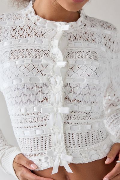LoveShackFancy Roselline Ribbon Cotton Knit Cardigan