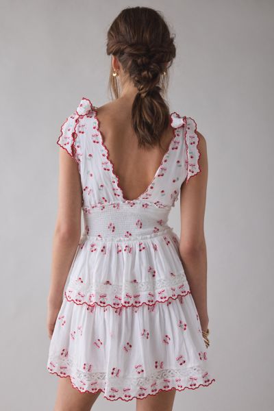 LoveShackFancy Soria Cherry Plunging Tie-Strap Smocked Mini Dress