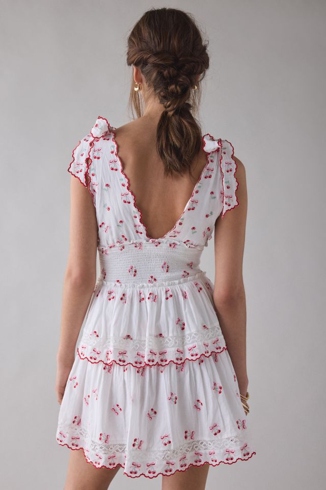 LoveShackFancy Soria Cherry Plunging Tie-Strap Smocked Mini Dress #1