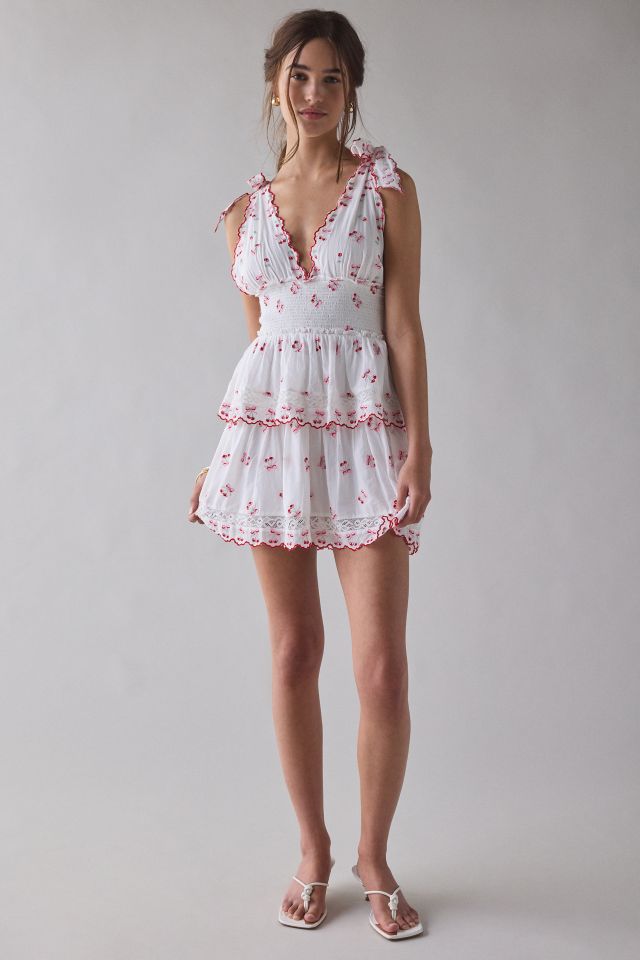 LoveShackFancy Soria Cherry Plunging Tie-Strap Smocked Mini Dress #2