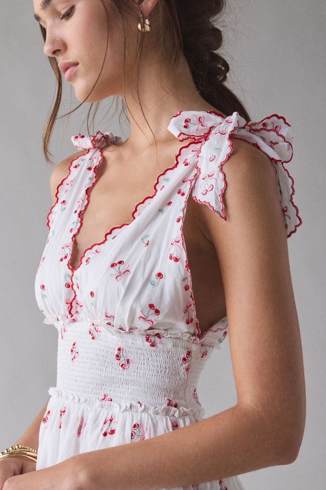 LoveShackFancy Soria Cherry Plunging Tie-Strap Smocked Mini Dress #3