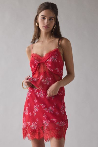 LoveShackFancy Darlington Lace Trim Satin Slip Mini Skirt