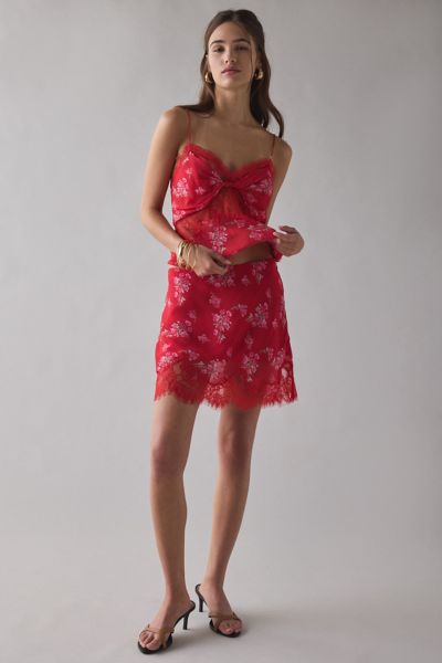 LoveShackFancy Darlington Lace Trim Satin Slip Mini Skirt
