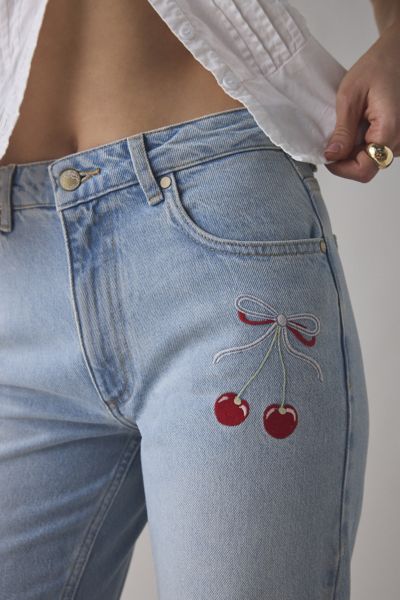 LoveShackFancy Sami Cherry Embroidered Mid-Rise Straight Jean